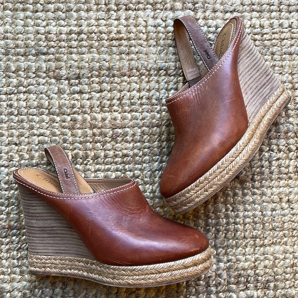 Chloe brown leather braided wedges